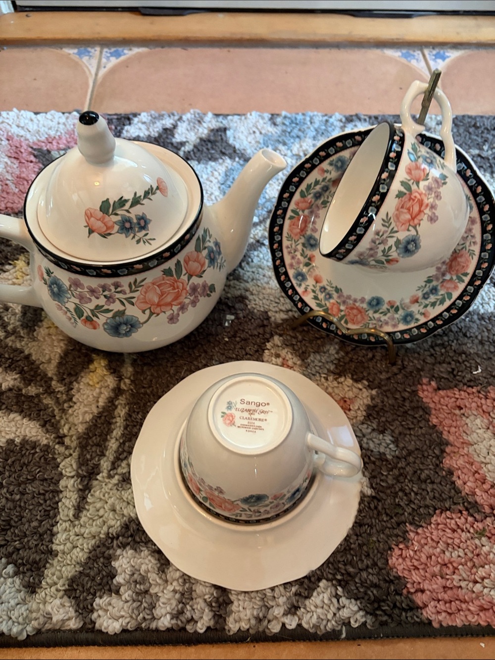 Sango Elizabeth Gray White Porcelain Tea Set with Pink and Blue Floral Motif